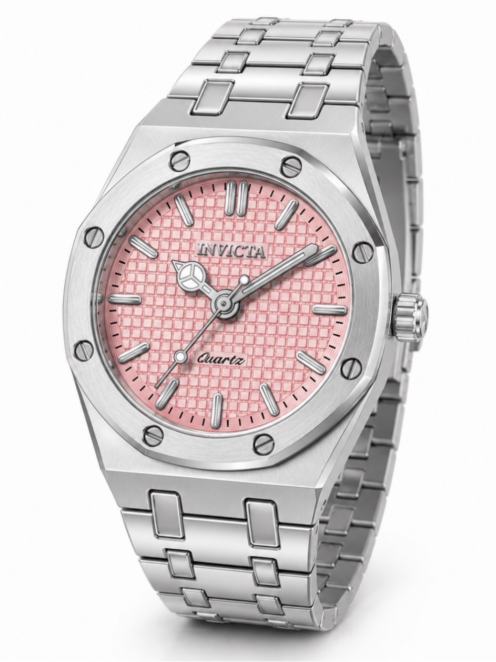 Invicta Silver Tone Stainless Steel Watch with Pink Textured Dial